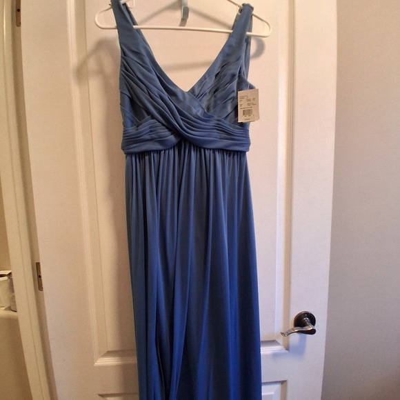 NWT $199 Davids Bridal Blue Steel Long Mesh Gown With Cowl V Neck Size 2 - Picture 2 of 6